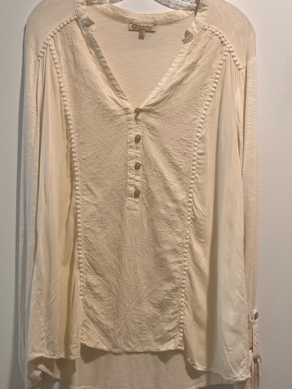 Democracy Cream Embroidered Long Sleeve Henley Top CottageCore